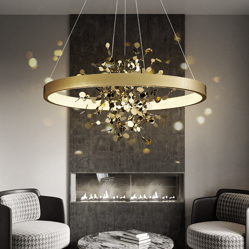 Lustre moderne LED avec anneau et feuilles dorées Bahia