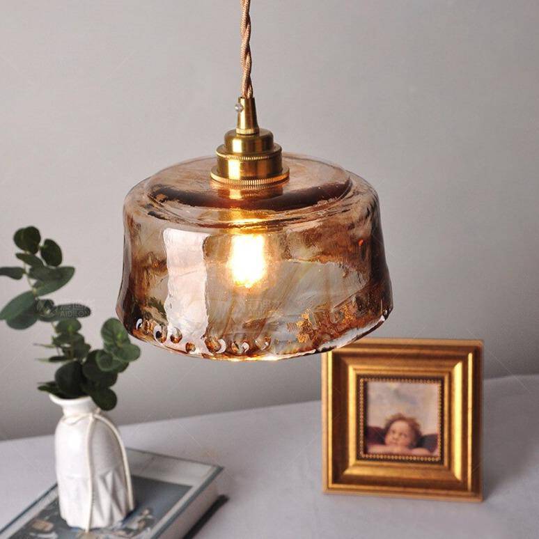 Lámpara de suspensión design LED con pantalla de cristal de cobre retro