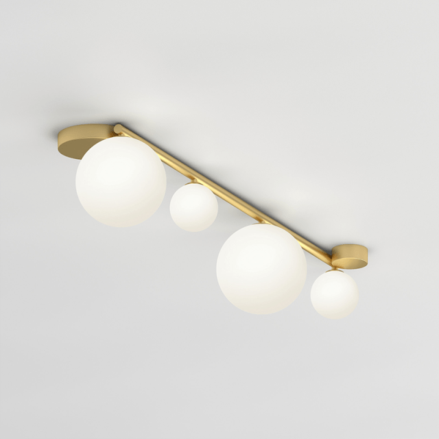 Design ceiling lamp with LEDs in gold metal and glass balls in geometric style