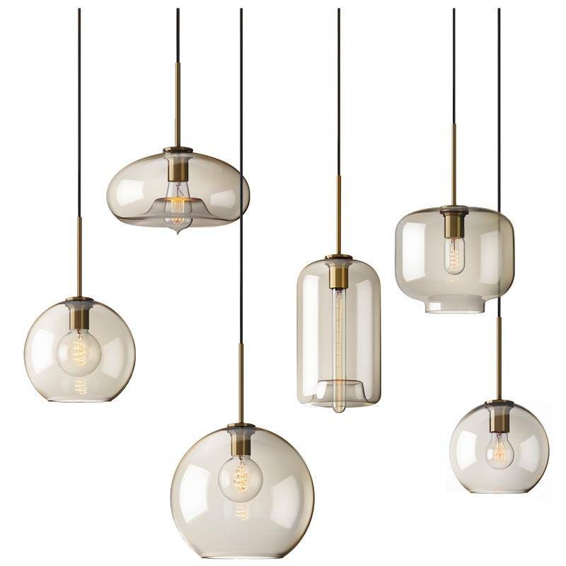 Suspension design à LED en verre ambré style Industriel
