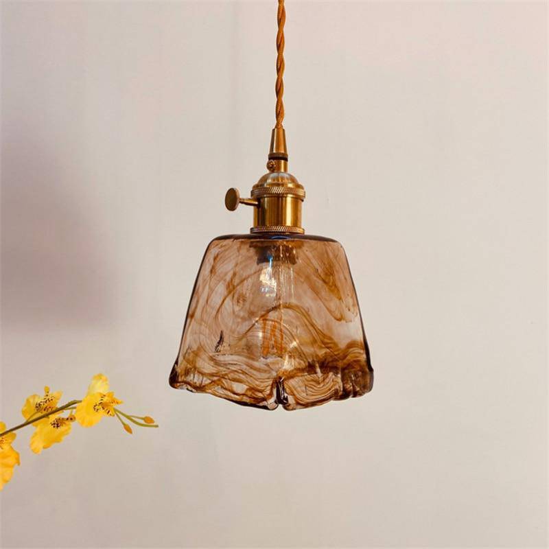 Suspension design à LED avec abat-jour en verre ambré Rétro