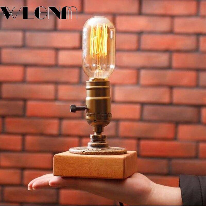 Lampe à poser rétro LED en bois et ampoule Edison Loft Country