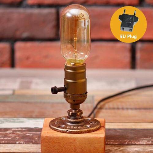 Lampe à poser rétro LED en bois et ampoule Edison Loft Country
