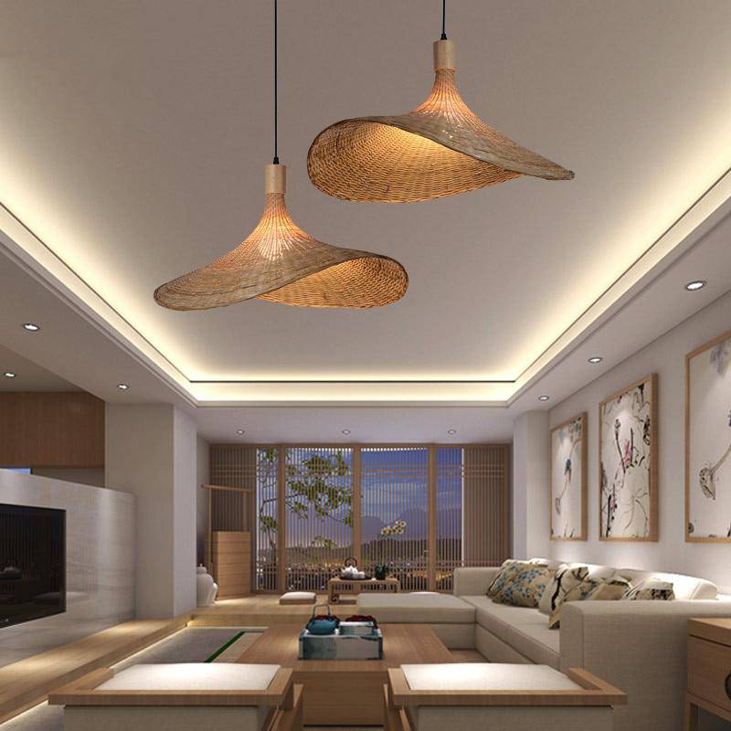 Suspension en rotin à LED style chapeau rustique beige - vue 3 sur 5