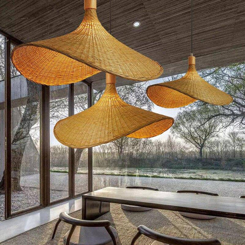 Suspension en rotin à LED style chapeau rustique beige - vue 5 sur 5