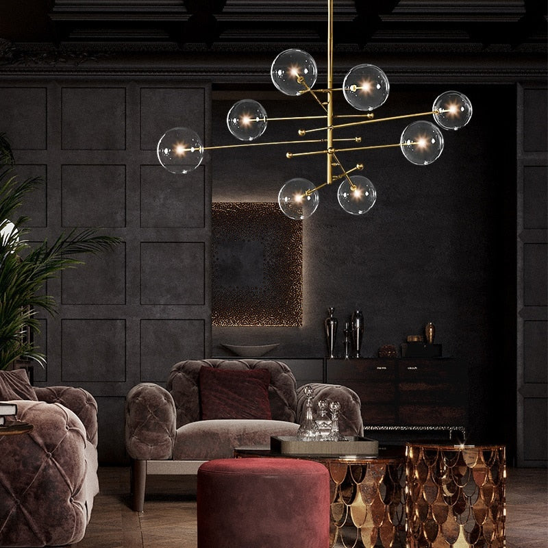 Lustre design LED base en métal doré et globes en verre Zuri