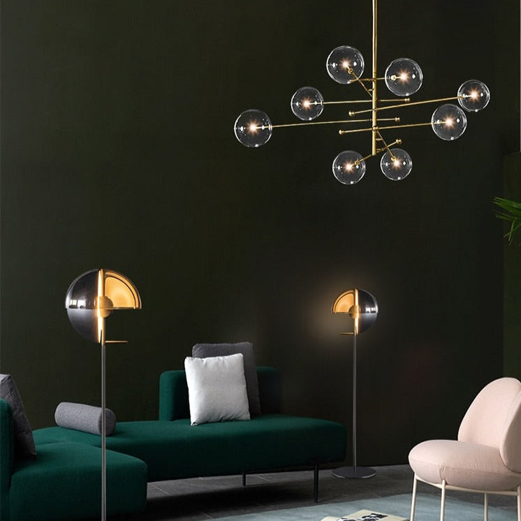 LED design chandelier with gold metal base and Zuri glass globes