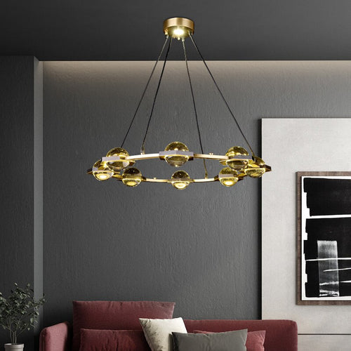 Lustre moderne luxe circulaire en cuivre et cristal Pryccilia