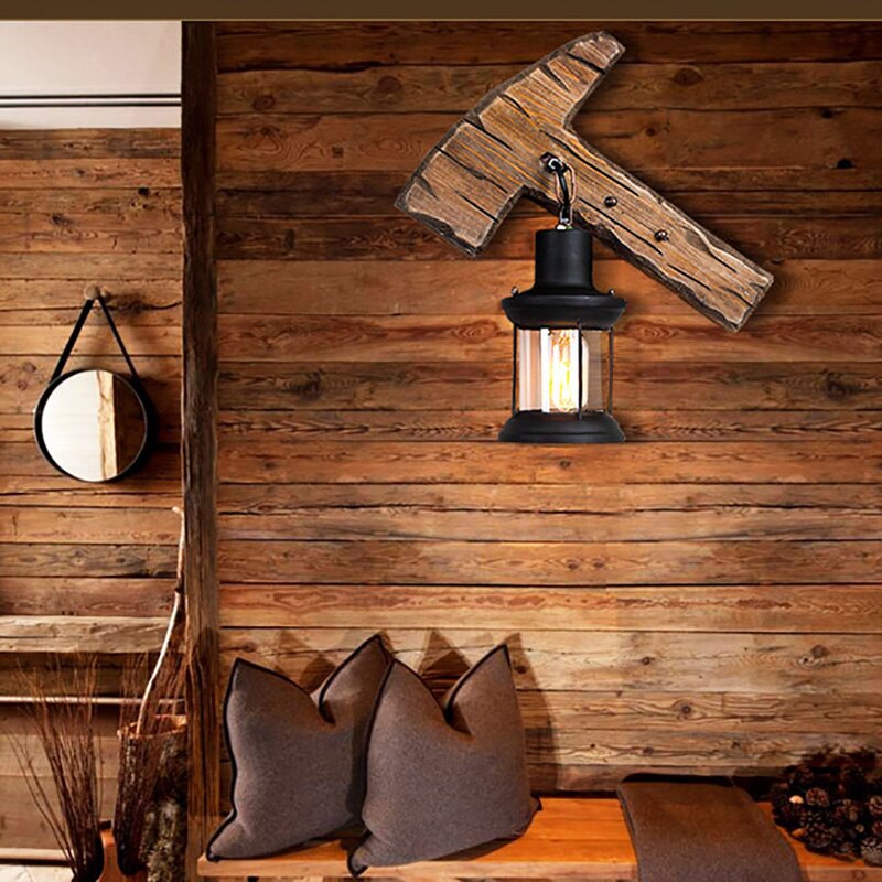 wall lamp Vintage wood and black metal wall Ignase