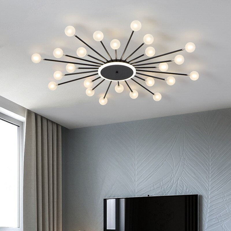 Modern LED ceiling lamp in the shape of a sun with Janira beads