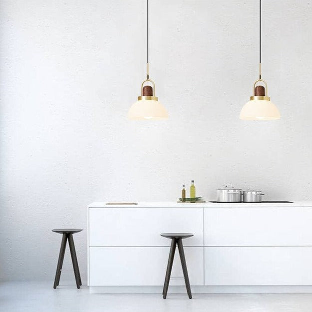 Suspension moderne LED abat-jour en verre et détails en bois Ona