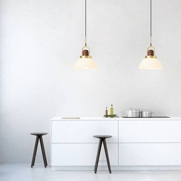 pendant light modern LED lampshade glass and wood details Ona