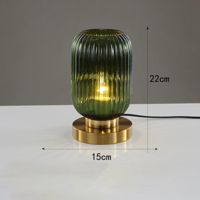 Cylindrical table lamp in coloured glass and gold base Quinn