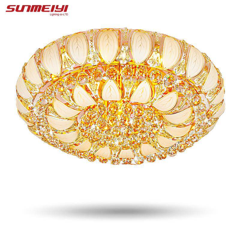 Plafonnier en verre et cristal rond doré
