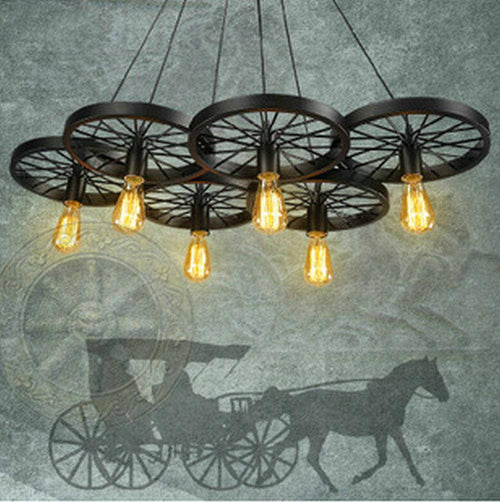 Suspension antique et rustique en forme de roue avec lampes apparantes - vue 3 sur 5