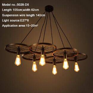 Suspension antique et rustique en forme de roue avec lampes apparantes - vue 4 sur 5