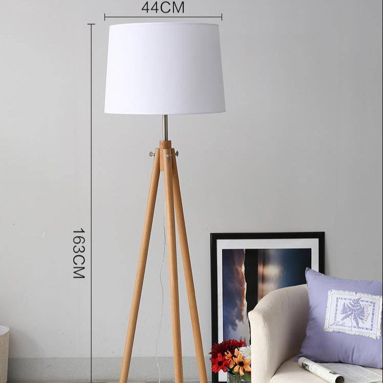 Floor lamp modern lampshade in fabric and three wooden legs Fabric