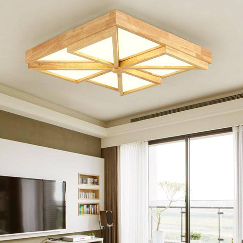 Lámpara de techo de madera en forma de cuadrados y triángulos