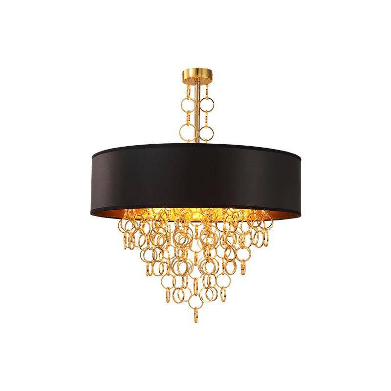 Moderna lámpara de araña con pantalla redonda negra y detalles dorados