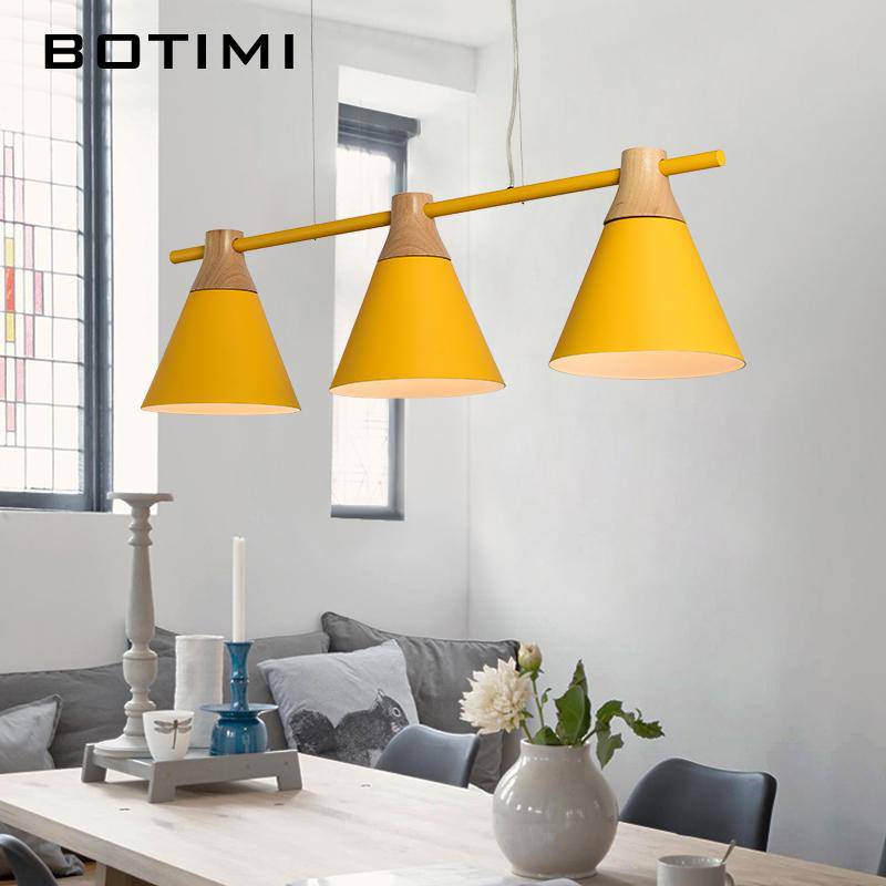 Coloured wood and metal LED pendant light Nordic