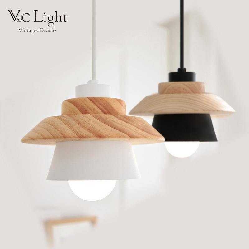 pendant light conical design in wood and metal (black or white)