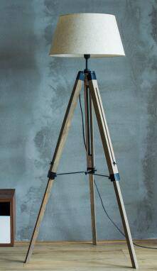 Floor lamp on adjustable wooden trestle stand with lampshade fabric