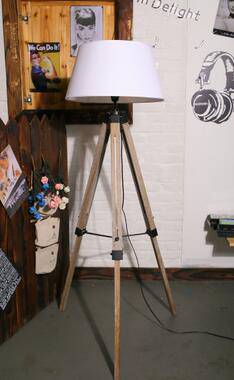 Floor lamp on adjustable wooden trestle stand with lampshade fabric