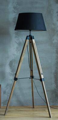 Floor lamp on adjustable wooden trestle stand with lampshade fabric