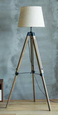 Floor lamp on adjustable wooden trestle stand with lampshade fabric