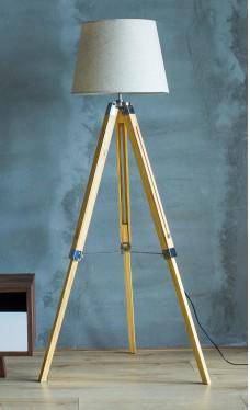 Floor lamp on adjustable wooden trestle stand with lampshade fabric