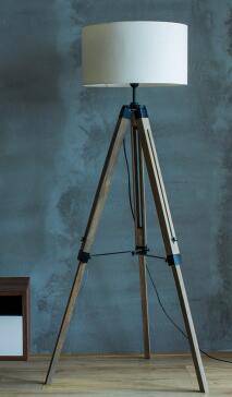 Floor lamp on adjustable wooden trestle stand with lampshade fabric