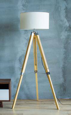 Lampadaire sur pied en tréteaux en bois ajustable avec abat-jour tissu - vue 10 sur 14