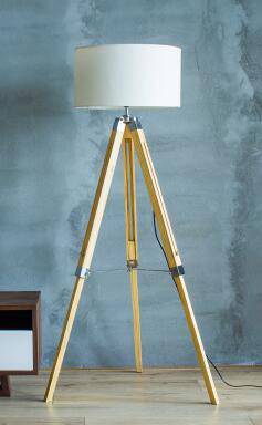 Floor lamp on adjustable wooden trestle stand with lampshade fabric