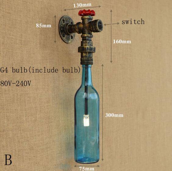 Lámpara de pared LED con botella de vidrio en la tubería