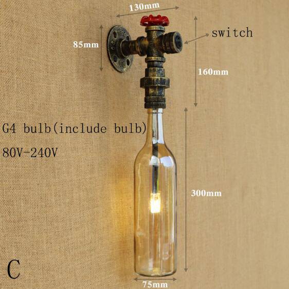 Lámpara de pared LED con botella de vidrio en la tubería