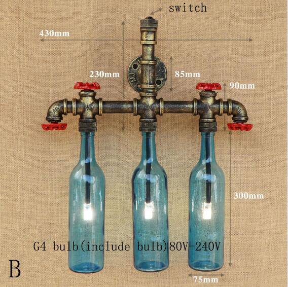 wall lamp wall-mounted with piping and coloured glass bottles