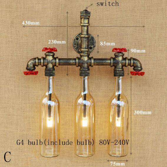 wall lamp wall-mounted with piping and coloured glass bottles