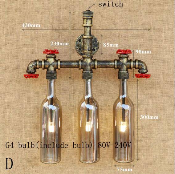 wall lamp wall-mounted with piping and coloured glass bottles