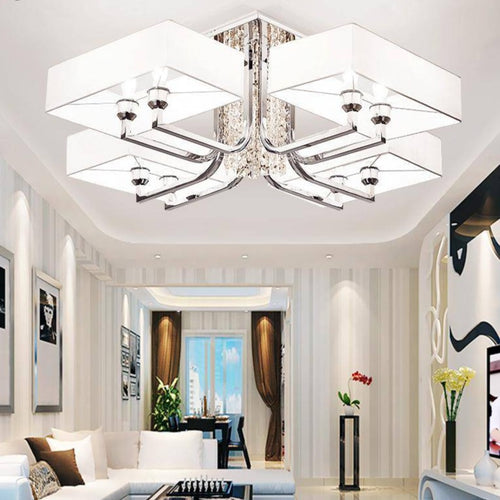 Chrome-plated crystal and glass design chandelier with large lampshade Luxe