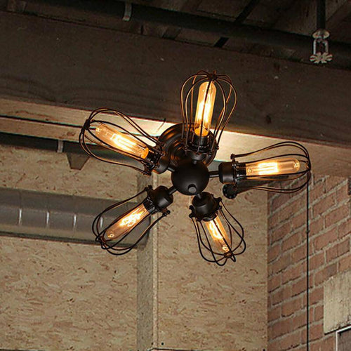 Rustic ceiling lamp with metal cage lamps
