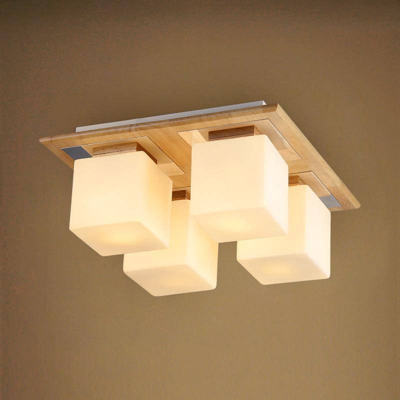 Plafonnier design en bois avec lampes rectangles - vue 4 sur 3