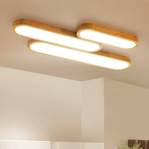 LED wood ceiling in the shape of rounded tubes