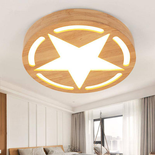 Round LED wood ceiling with star