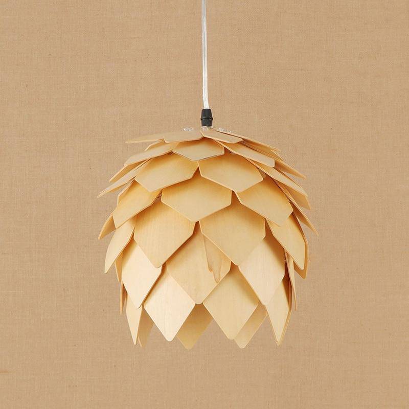 pendant light LED design in the shape of a flower with wooden petals