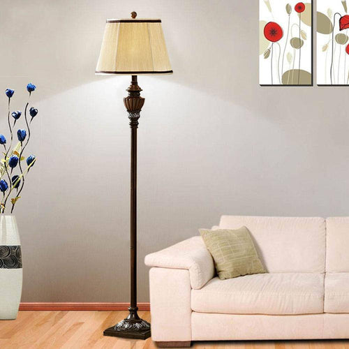 Floor lamp antique rustic LED in wood and lampshade in fabric