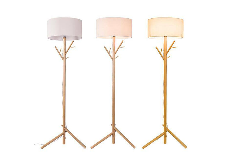 Lampadaire avec abat-jour en tissu et pied en bois style arbre