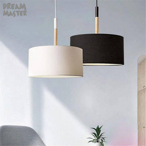 Modern LED pendant light with shade fabric and wooden stem (black or white)