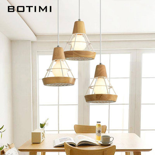 LED design pendant light in wood and metal cage (black or white)