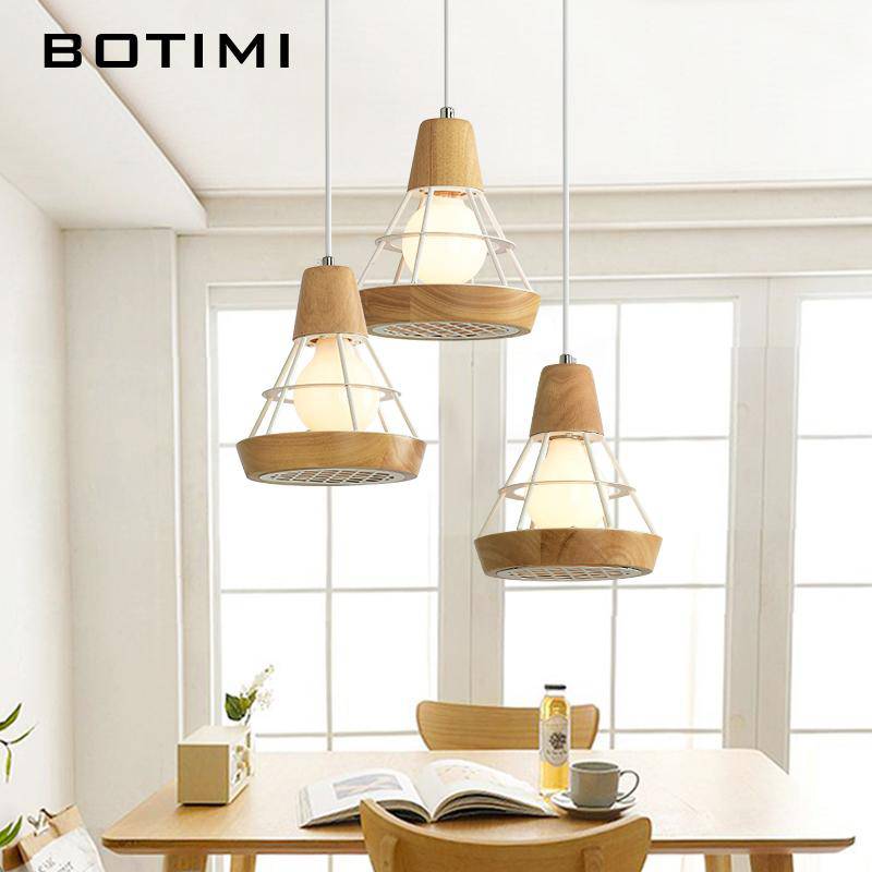 Suspension design LED en bois et cage métal (noir ou blanc)