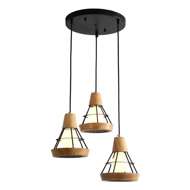 Suspension design LED en bois et cage métal (noir ou blanc)